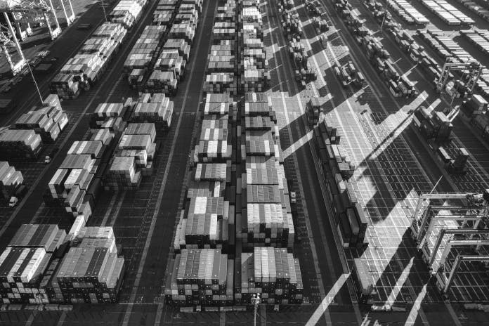 an aerial view of a cargo yard full of containers